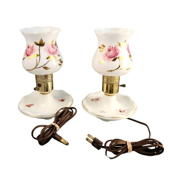 Other - Vintage White Milk Glass Table Lamps With Pink Rose Floral Design & Brass Accent